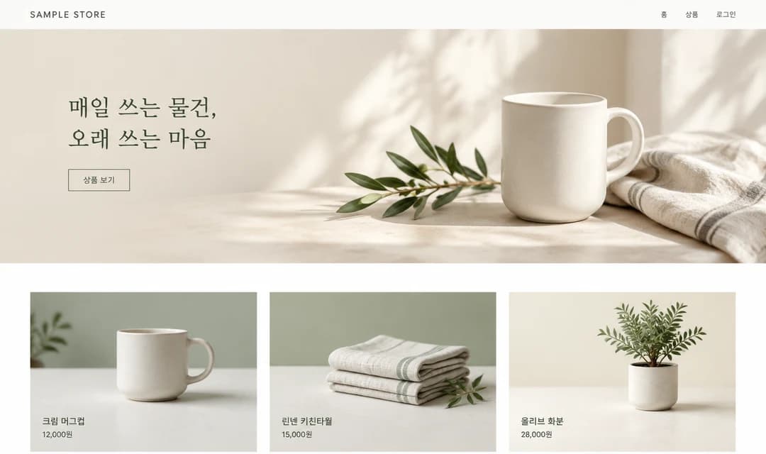 서버 이전 요청에 첨부한 가상 생활용품 쇼핑몰의 메인 화면